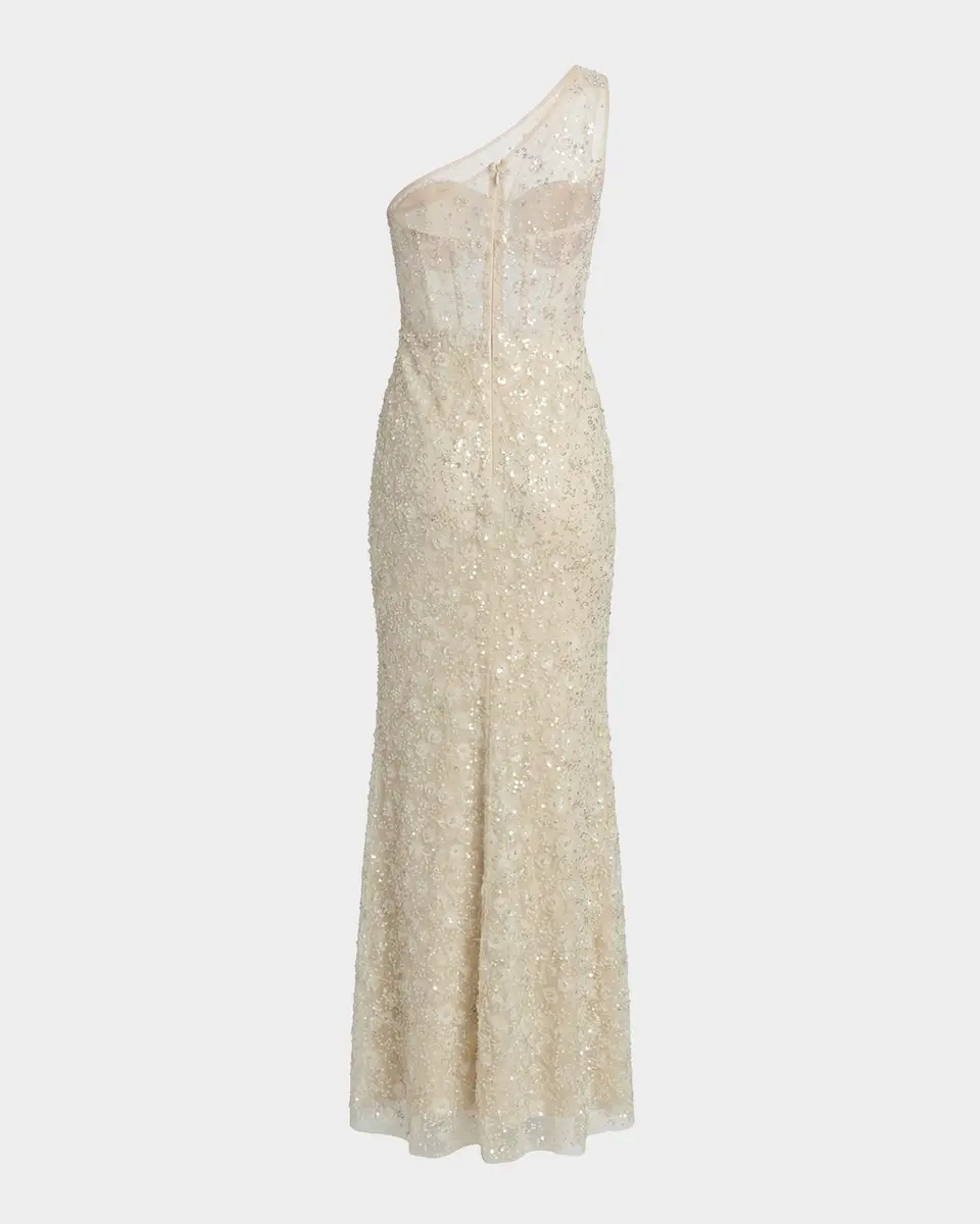 Mac Duggal Sequined Floral Mesh One-Shoulder Trumpet Gown | Thumbnail 6