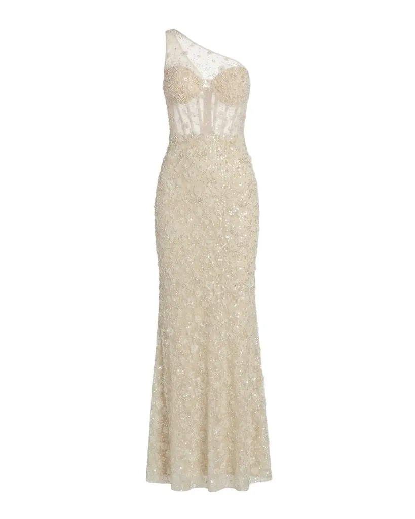 Mac Duggal Sequined Floral Mesh One-Shoulder Trumpet Gown