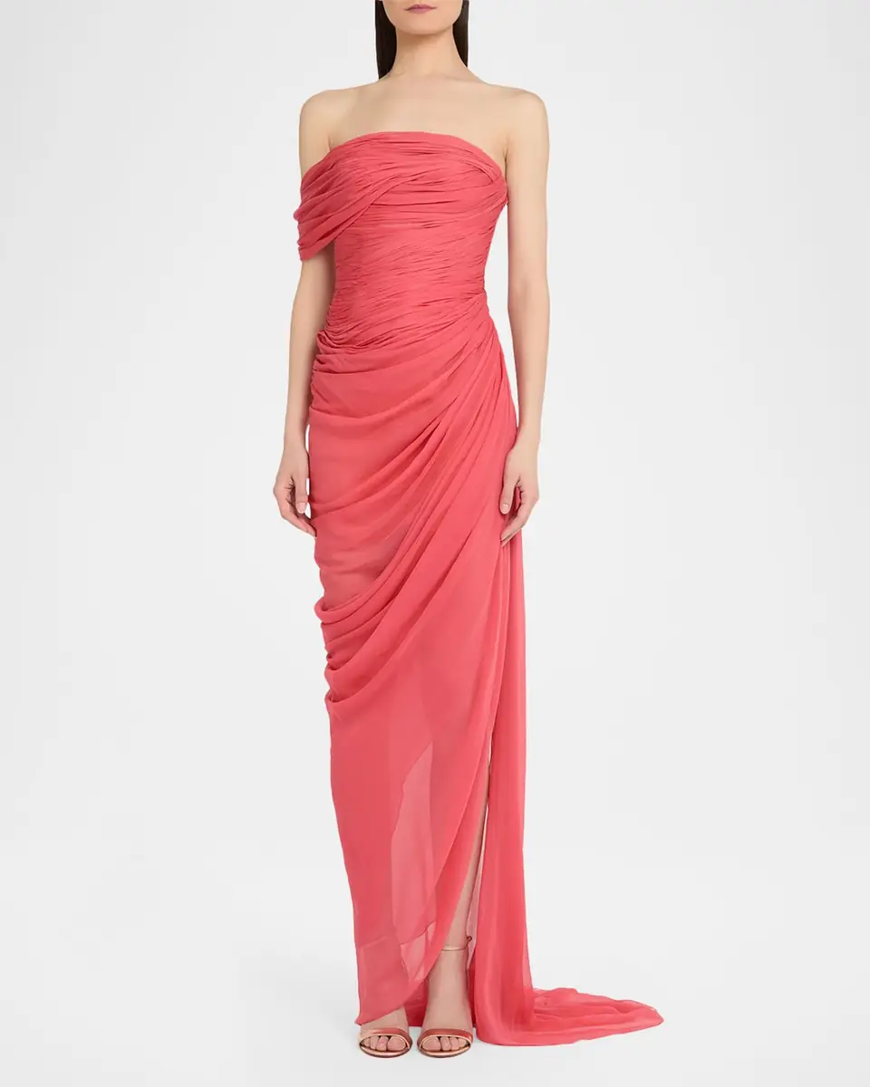 Oscar de la Renta Off-The-Shoulder Draped Chiffon Gown | Thumbnail 2