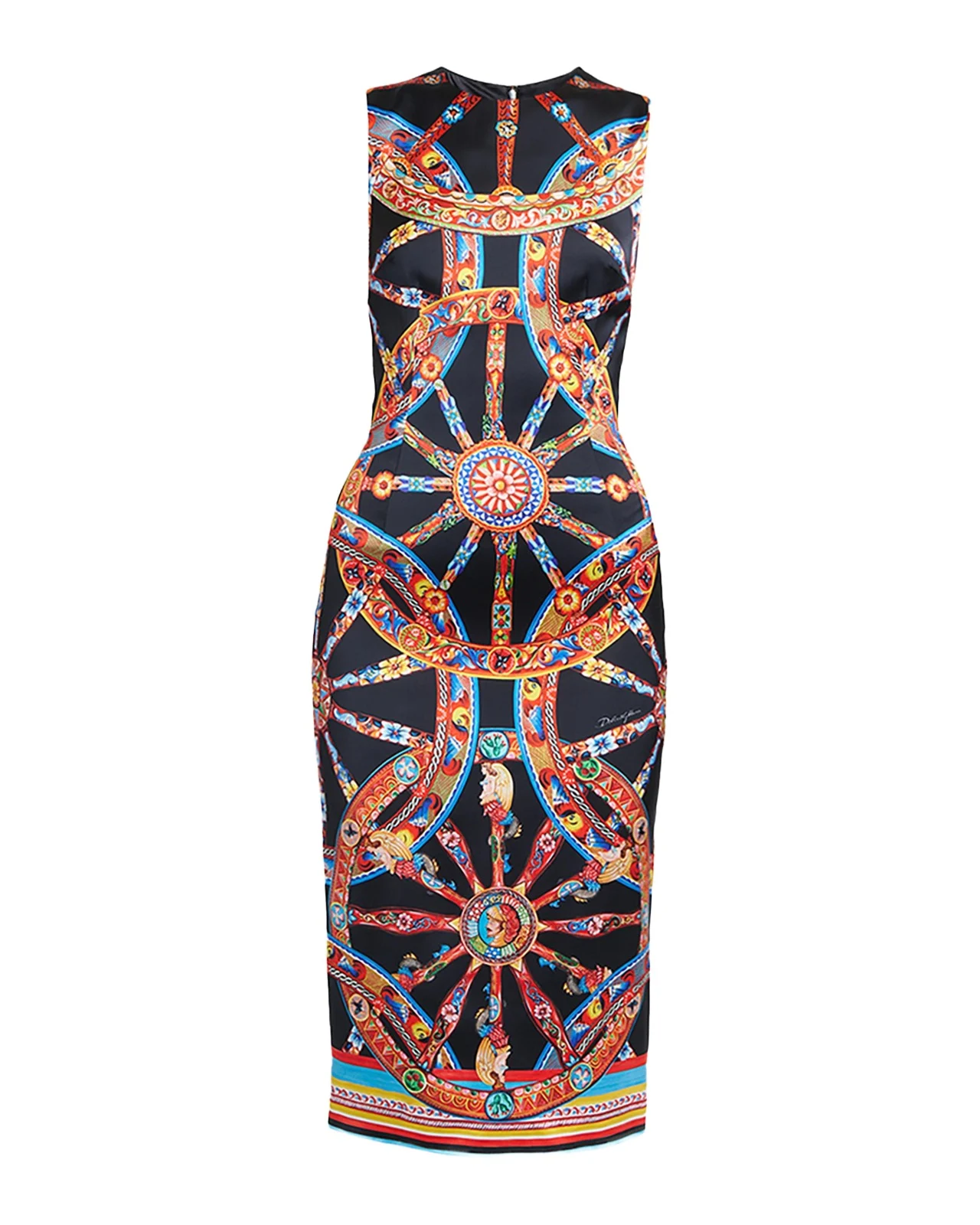 Sleeveless Carretto-Print Satin Midi Day Dress Sleeveless Carretto-Print Satin Midi Day Dress