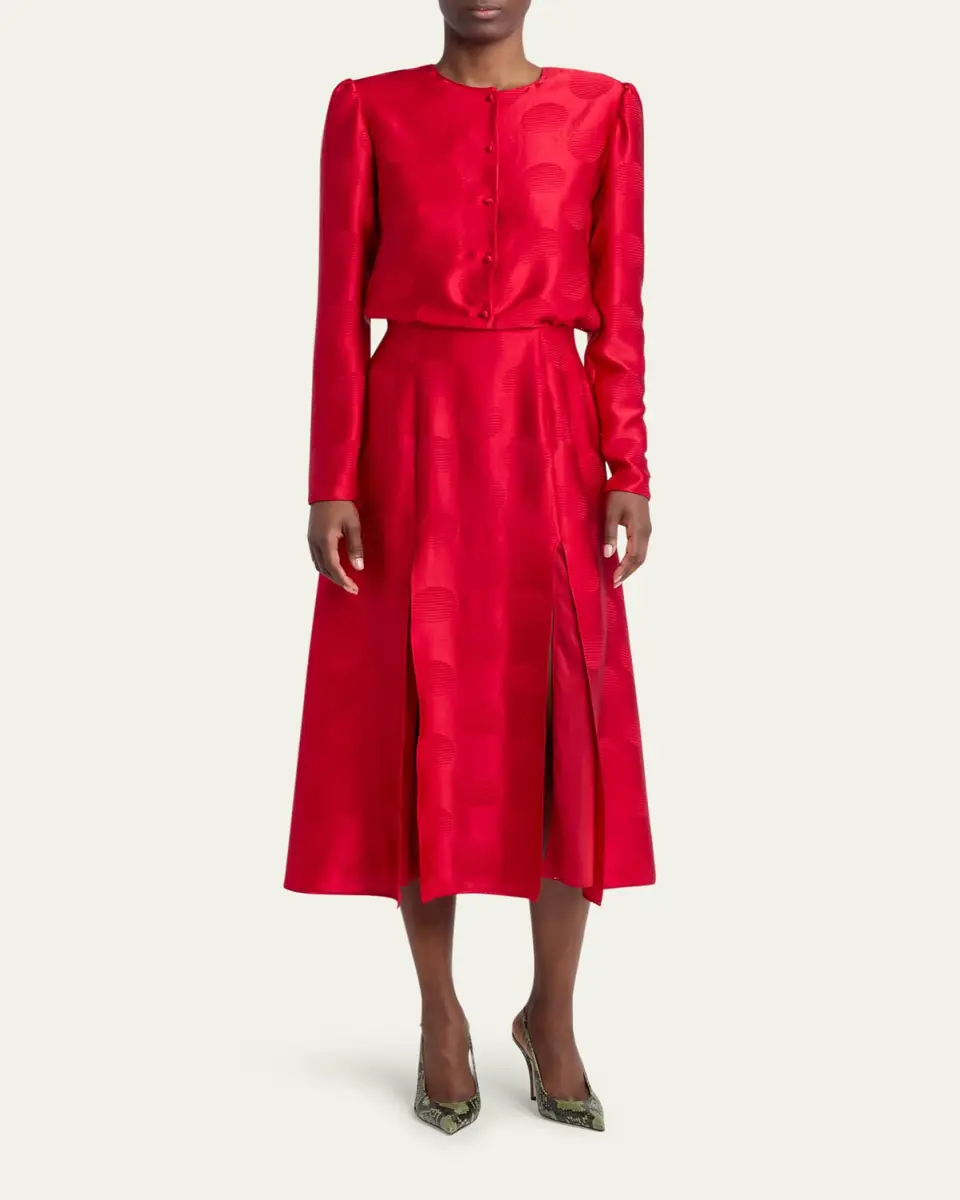 Valentino Garavani Polka-Dot Satin Long-Sleeve Slits Midi Dress | Thumbnail 2