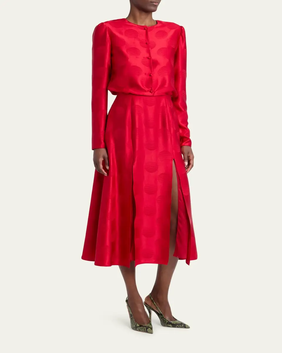 Valentino Garavani Polka-Dot Satin Long-Sleeve Slits Midi Dress | Thumbnail 4