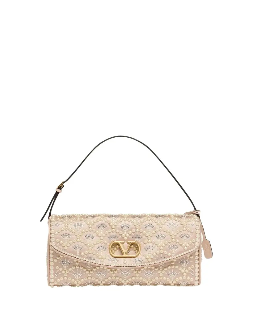 Valentino Garavani Devain Pearly-Embellished Satin Top-Handle Bag | Image 1 Valentino Garavani Devain Pearly-Embellished Satin Top-Handle Bag | Image 1