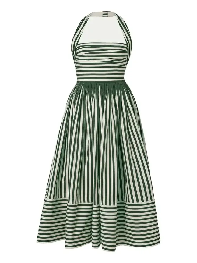 Striped Cotton Pleated Halter Midi Dress
