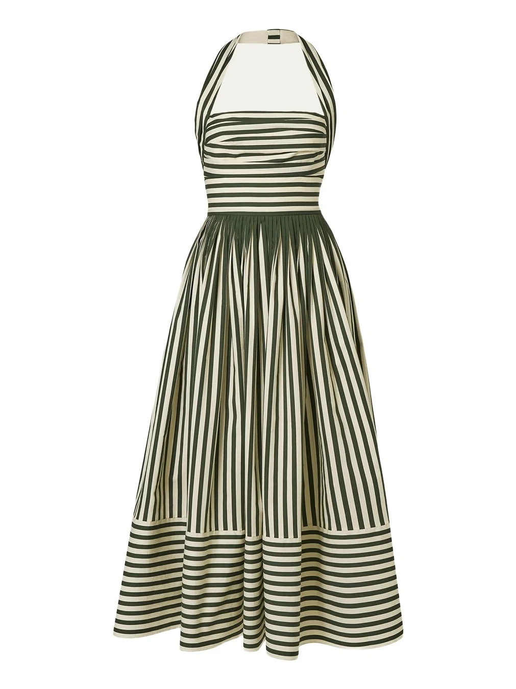 Striped Cotton Pleated Halter Midi Dress