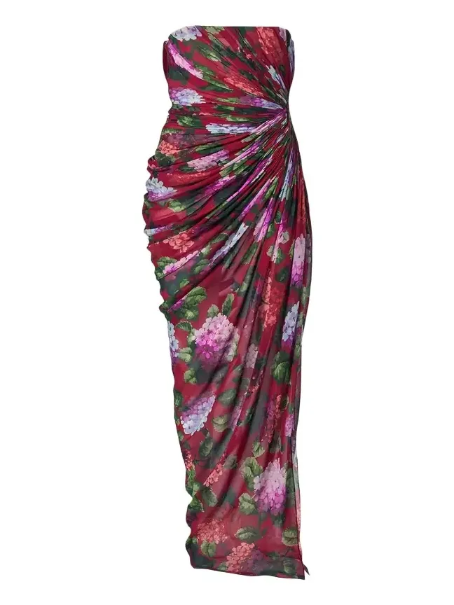 Strapless Floral Silk Chiffon Draped Slit Gown Strapless Floral Silk Chiffon Draped Slit Gown