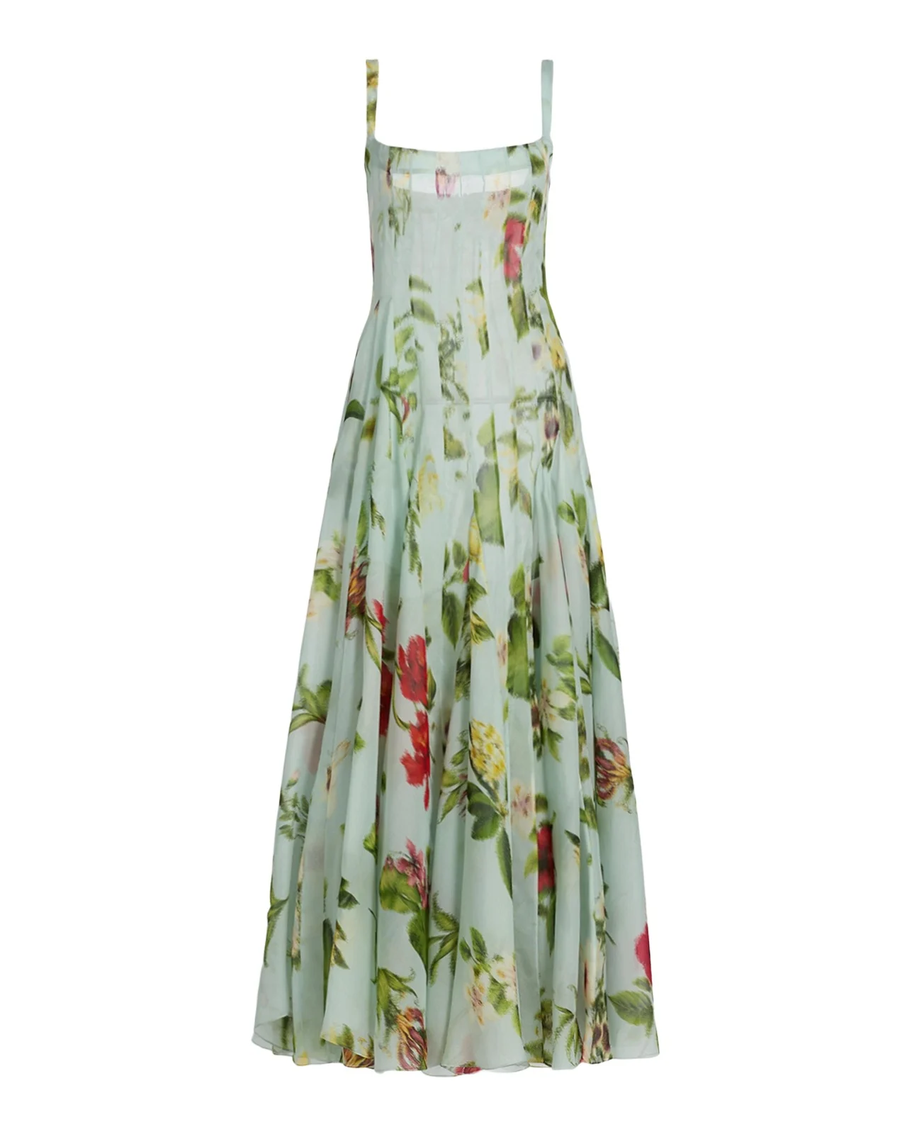 Sleeveless Chine Hibiscus Silk Gazar Trumpet Gown