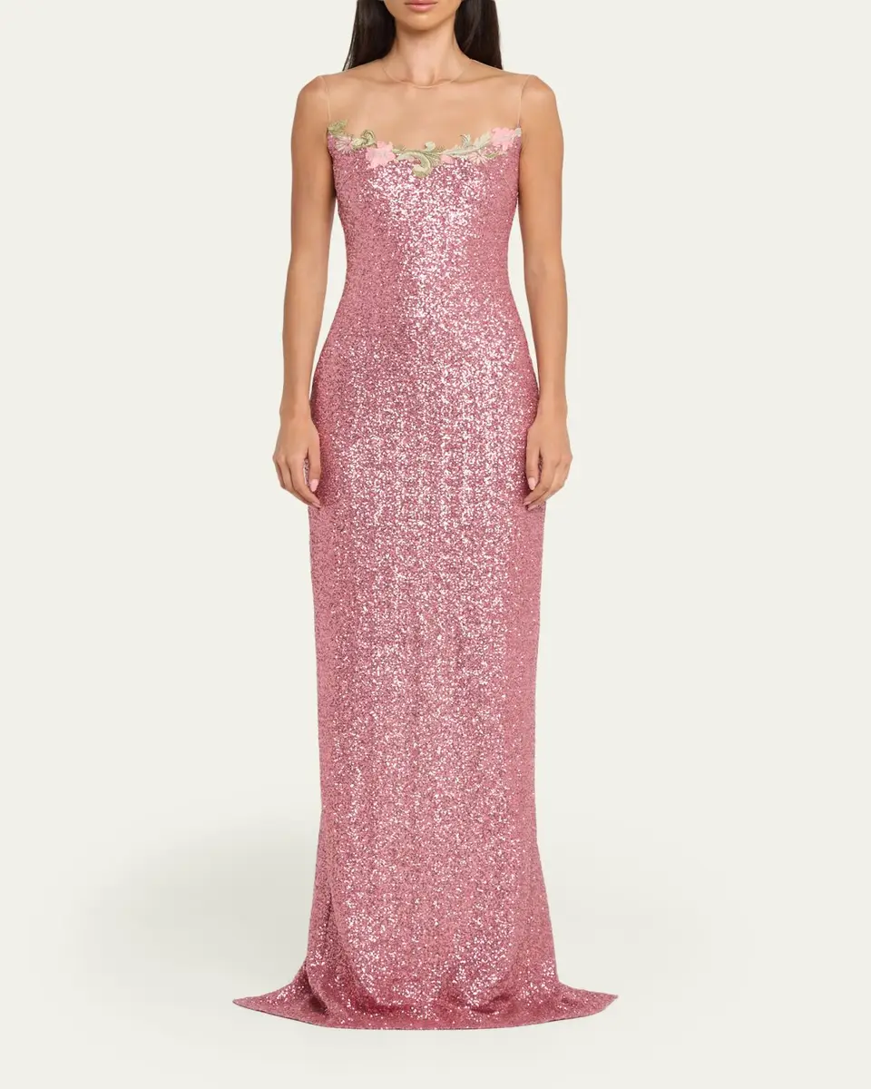 Naeem Khan Illusion Yoke Sequined Floral Applique Sleeveless Gown | Thumbnail 2 Naeem Khan Illusion Yoke Sequined Floral Applique Sleeveless Gown | Thumbnail 2
