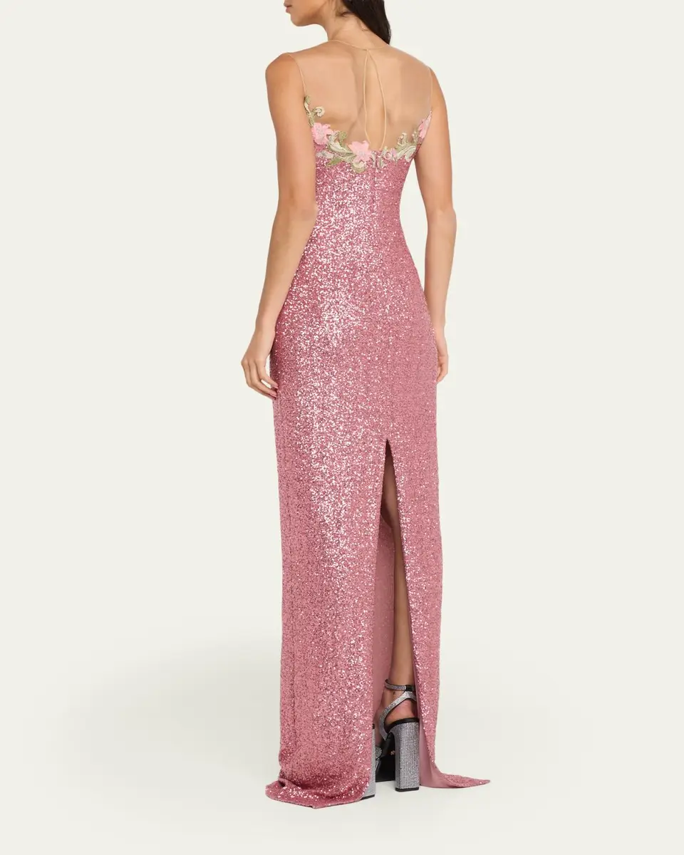 Naeem Khan Illusion Yoke Sequined Floral Applique Sleeveless Gown | Thumbnail 3 Naeem Khan Illusion Yoke Sequined Floral Applique Sleeveless Gown | Thumbnail 3