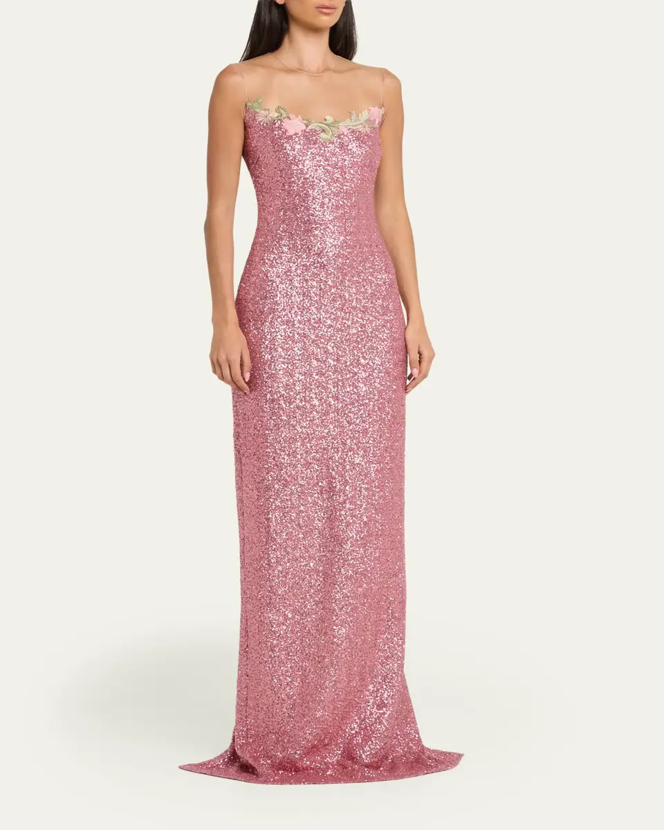 Naeem Khan Illusion Yoke Sequined Floral Applique Sleeveless Gown | Thumbnail 4 Naeem Khan Illusion Yoke Sequined Floral Applique Sleeveless Gown | Thumbnail 4