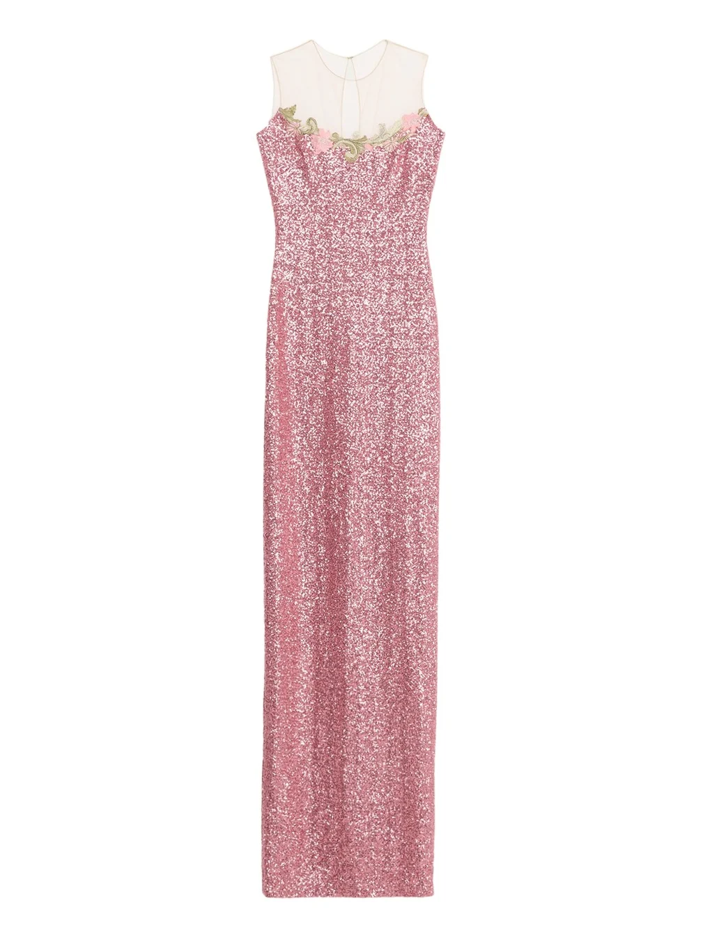 Illusion Yoke Sequined Floral Applique Sleeveless Gown