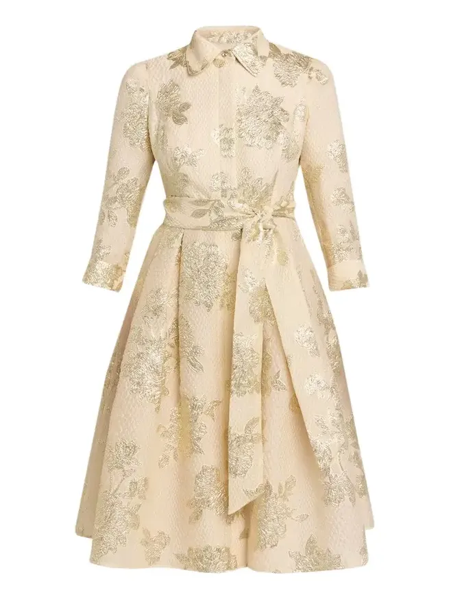 Pleated Metallic Jacquard Midi Shirtdress Pleated Metallic Jacquard Midi Shirtdress