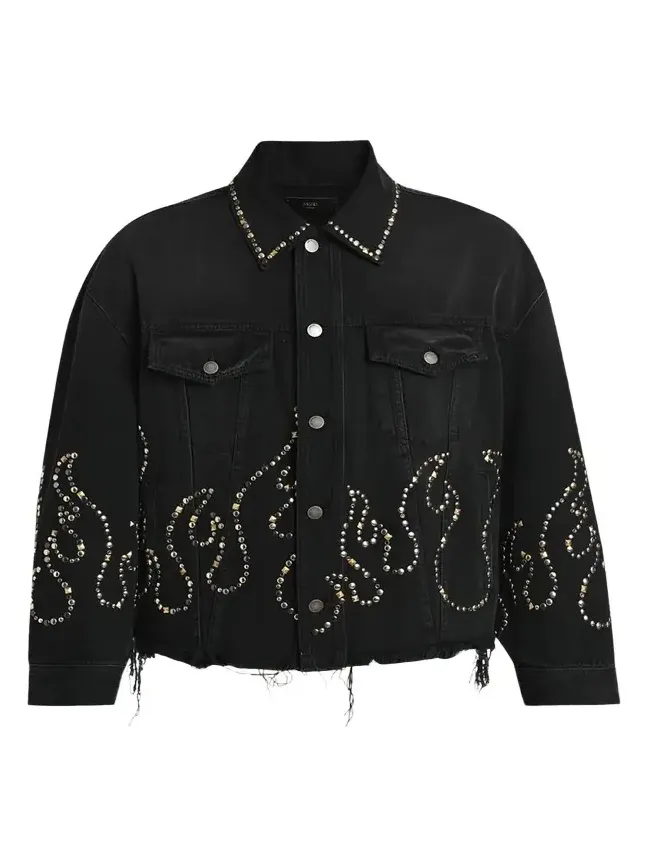 Men's Oversized Studded Flame Black Denim Jacket