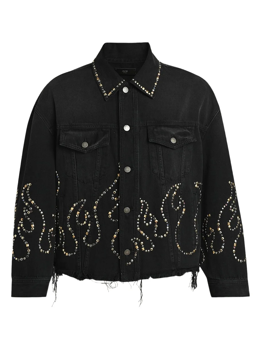 Men's Oversized Studded Flame Black Denim Jacket Men's Oversized Studded Flame Black Denim Jacket