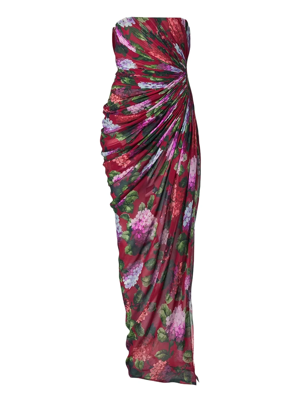 Strapless Floral Silk Chiffon Draped Slit Gown