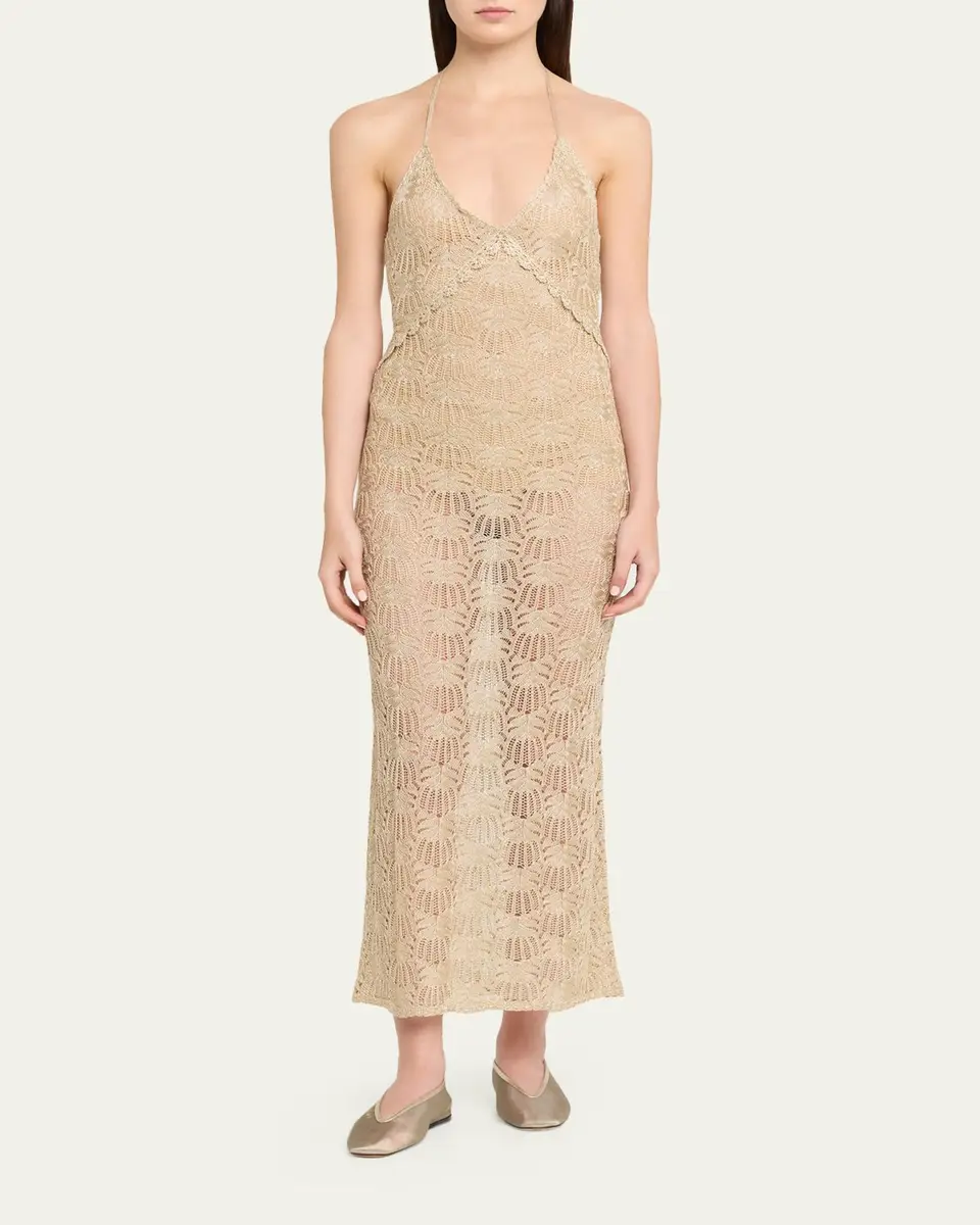 LoveShackFancy Vreya Metallic Crochet Halter Dress | Thumbnail 2