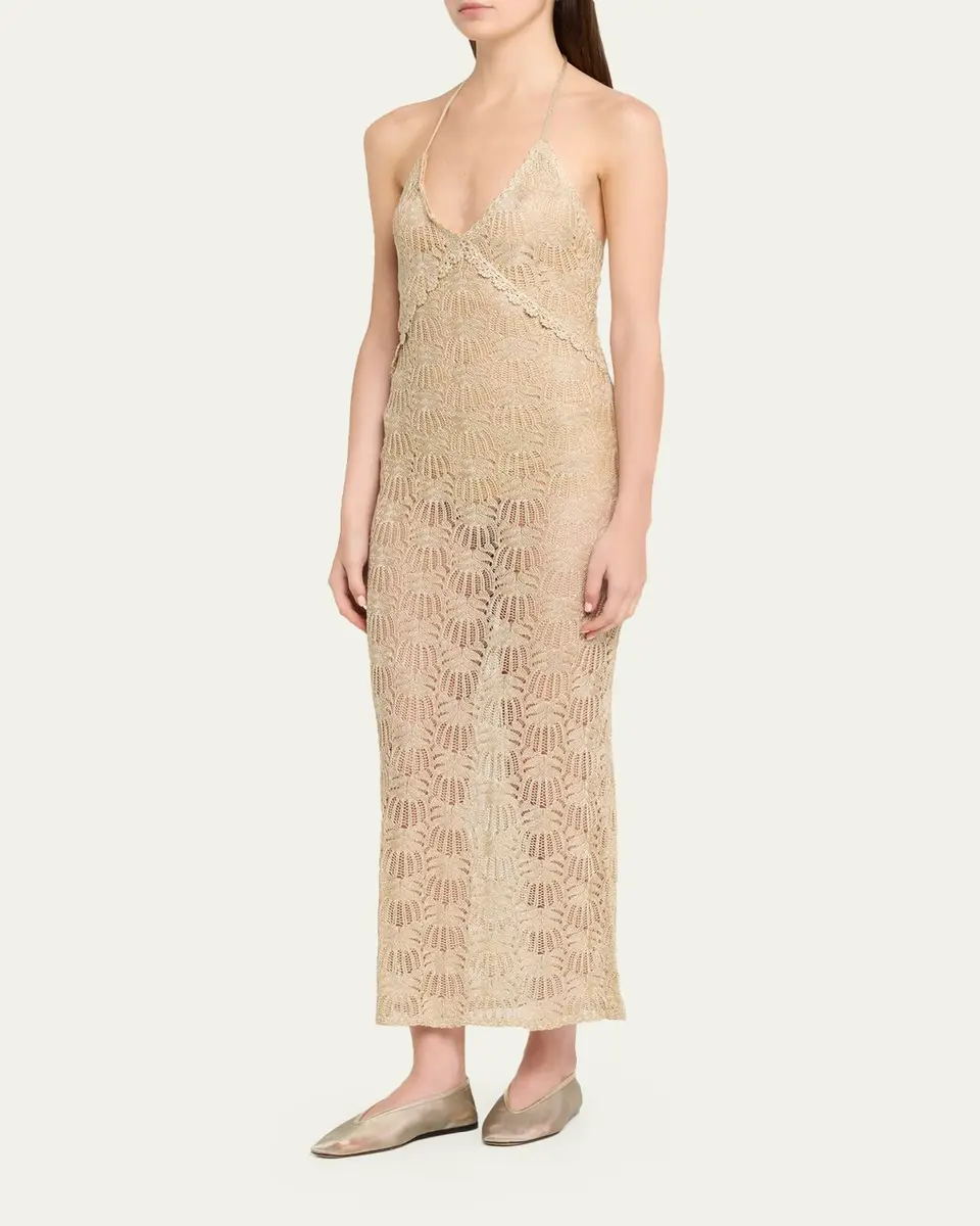 LoveShackFancy Vreya Metallic Crochet Halter Dress | Thumbnail 4