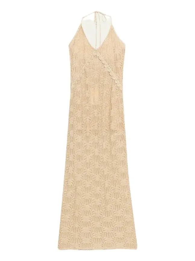 Vreya Metallic Crochet Halter Dress Vreya Metallic Crochet Halter Dress