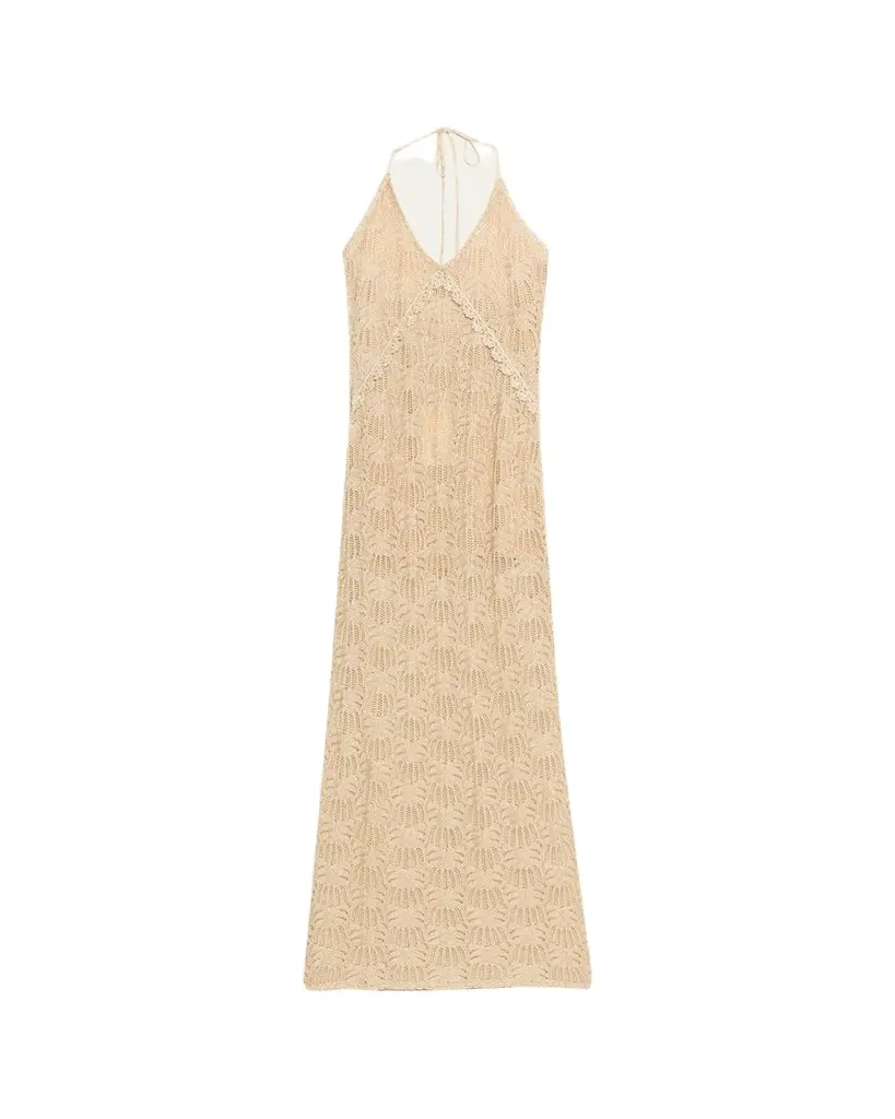 Vreya Metallic Crochet Halter Dress