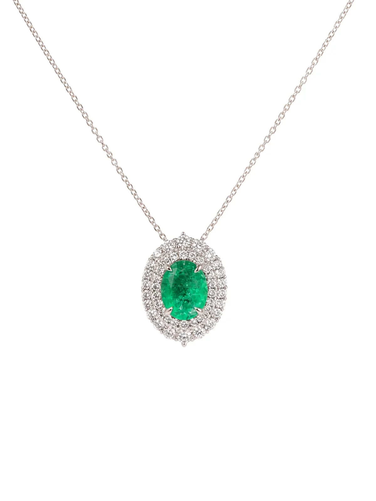 3.78ct Diamond Emerald 18K Gold Halo Pendant Necklace