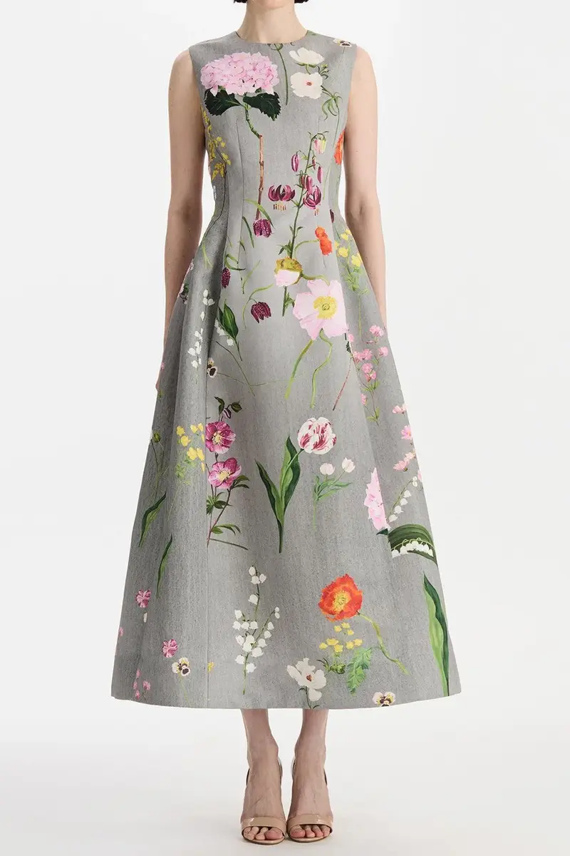 Oscar de la Renta Mixed Botanical Sleeveless Cocktail Dress | Thumbnail 2