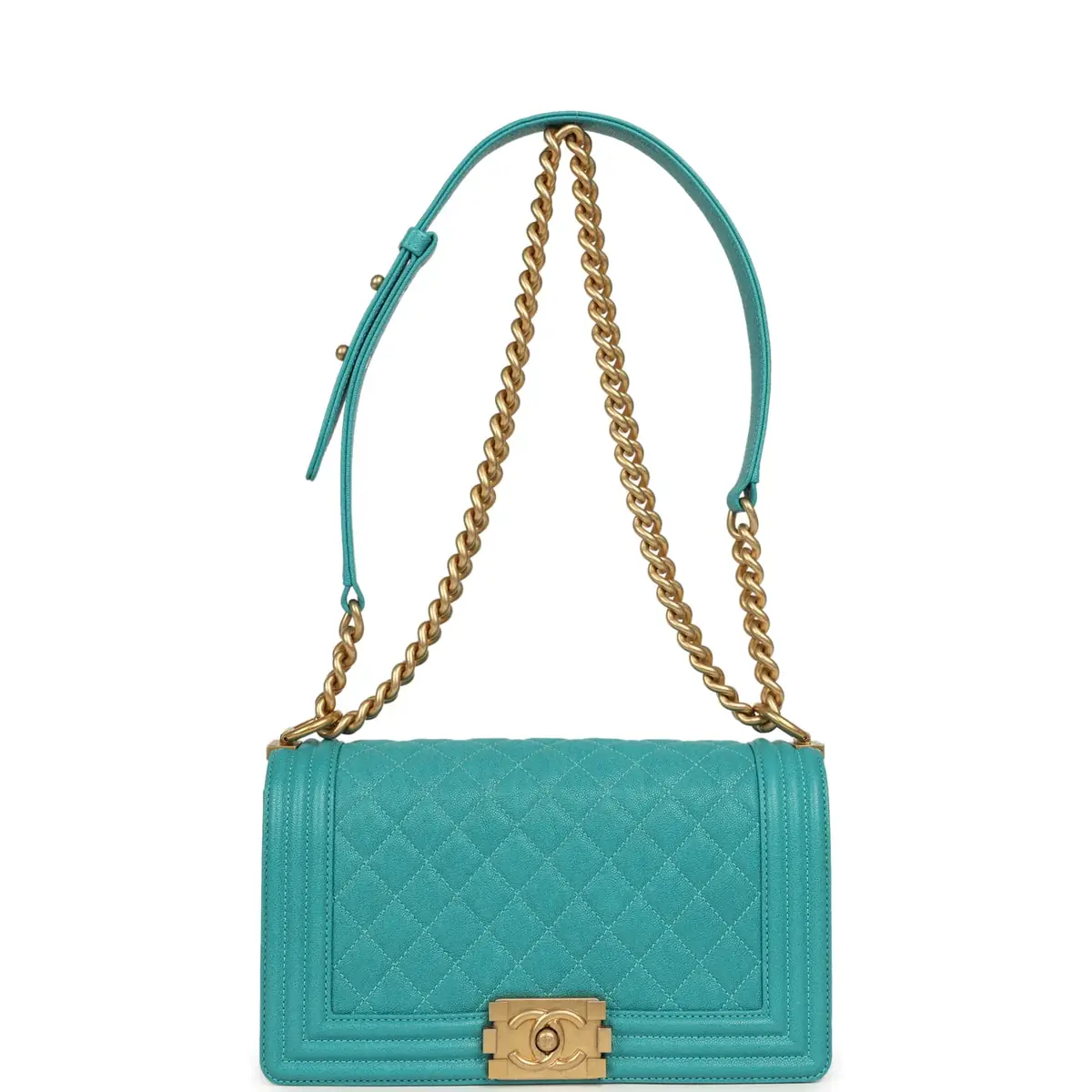 Chanel Pre-owned Chanel Medium Boy Bag Turquoise Shiny Caviar Antique Gold Hardware | Thumbnail 7 Chanel Pre-owned Chanel Medium Boy Bag Turquoise Shiny Caviar Antique Gold Hardware | Thumbnail 7