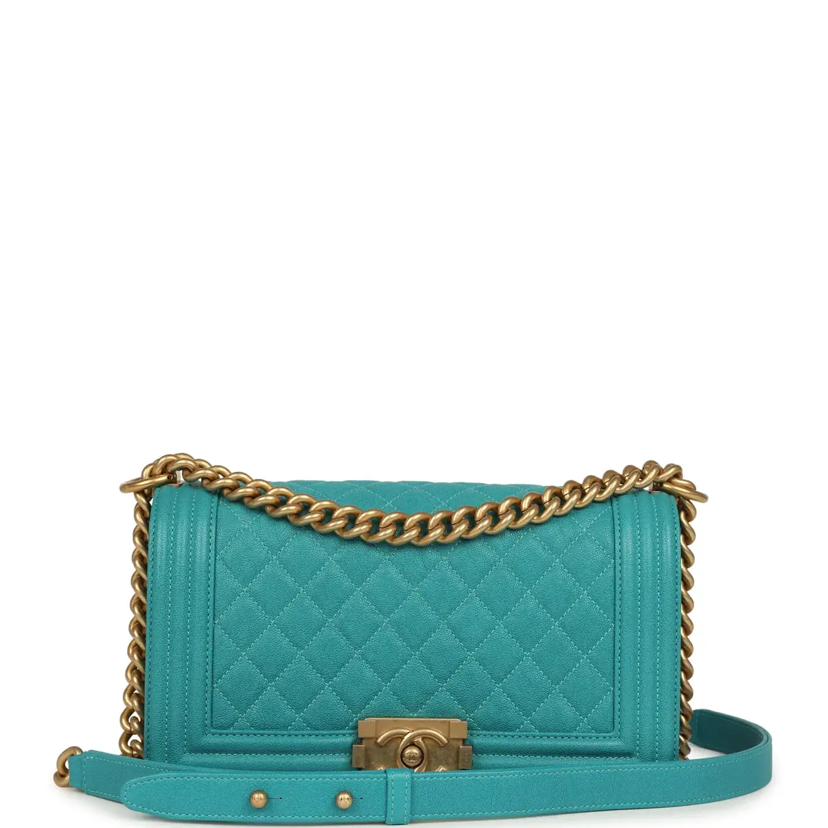 Chanel Pre-owned Chanel Medium Boy Bag Turquoise Shiny Caviar Antique Gold Hardware | Image 1 Chanel Pre-owned Chanel Medium Boy Bag Turquoise Shiny Caviar Antique Gold Hardware | Image 1
