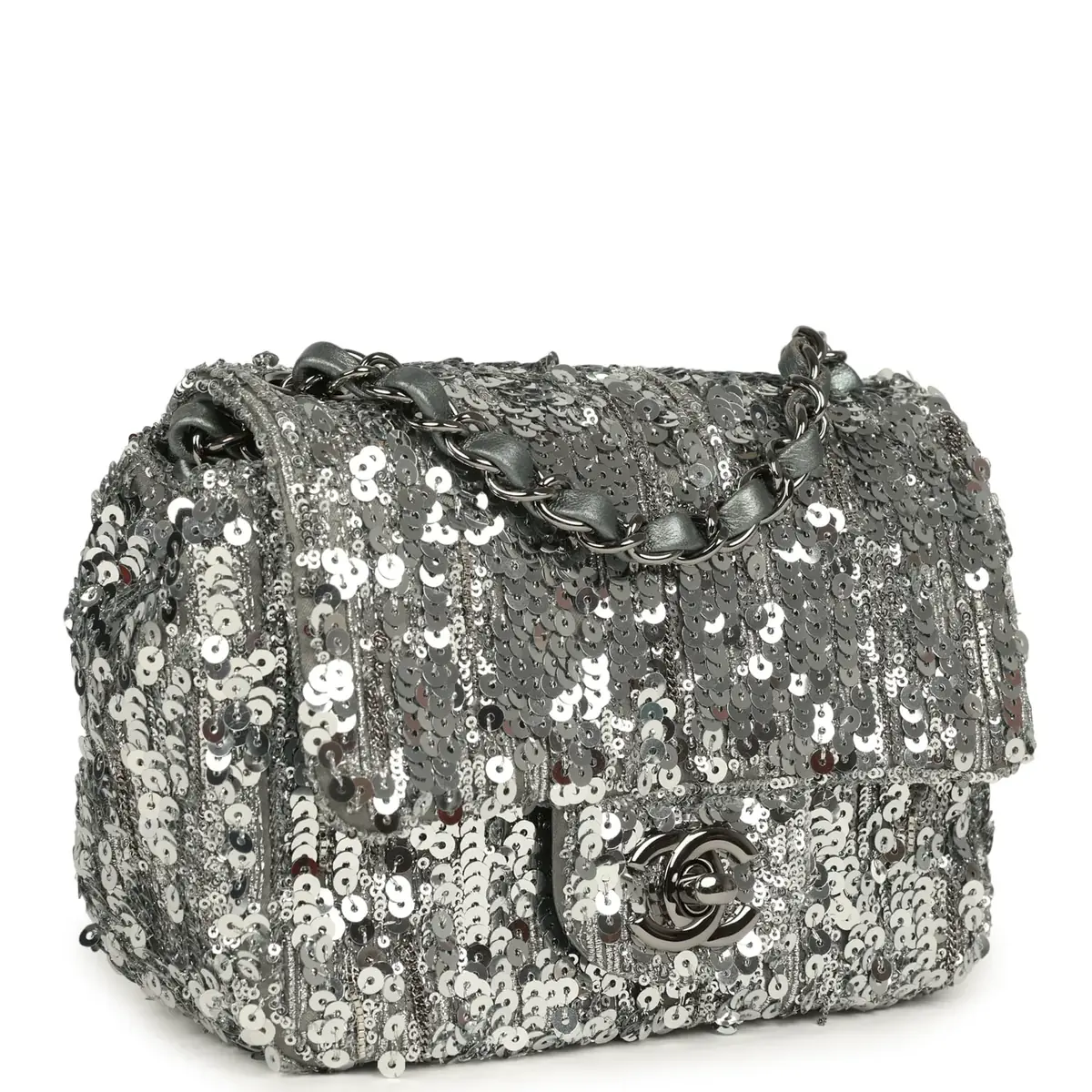 Chanel Pre-owned Chanel Mini Classic Square Flap Bag Metallic Silver Sequins Ruthenium Hardware | Thumbnail 2 Chanel Pre-owned Chanel Mini Classic Square Flap Bag Metallic Silver Sequins Ruthenium Hardware | Thumbnail 2