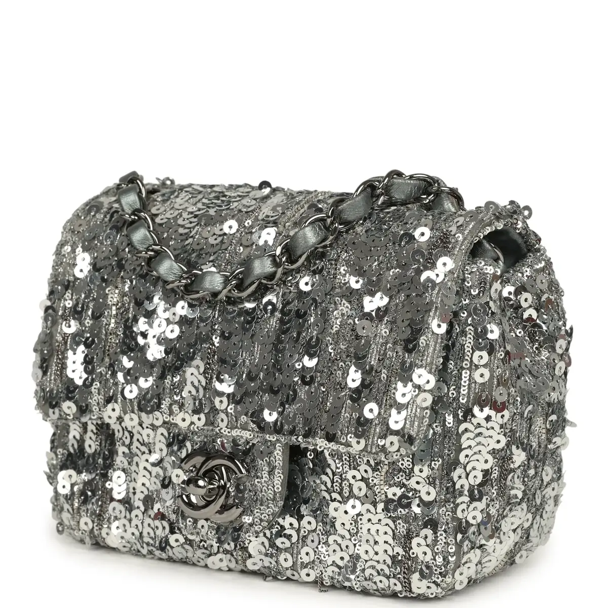 Chanel Pre-owned Chanel Mini Classic Square Flap Bag Metallic Silver Sequins Ruthenium Hardware | Thumbnail 5 Chanel Pre-owned Chanel Mini Classic Square Flap Bag Metallic Silver Sequins Ruthenium Hardware | Thumbnail 5