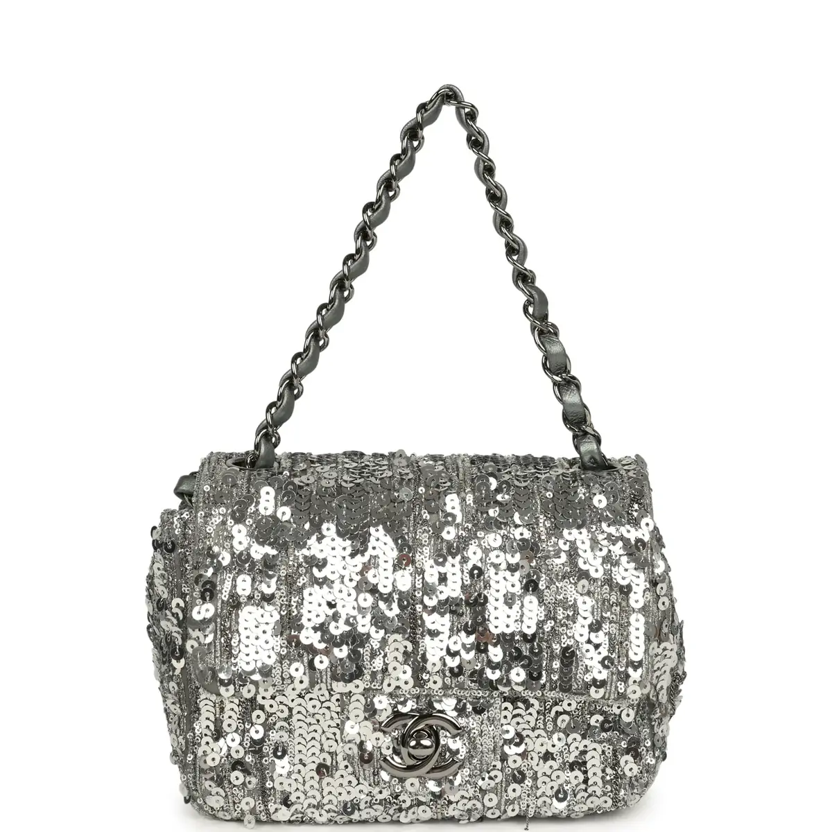 Chanel Pre-owned Chanel Mini Classic Square Flap Bag Metallic Silver Sequins Ruthenium Hardware | Thumbnail 7 Chanel Pre-owned Chanel Mini Classic Square Flap Bag Metallic Silver Sequins Ruthenium Hardware | Thumbnail 7