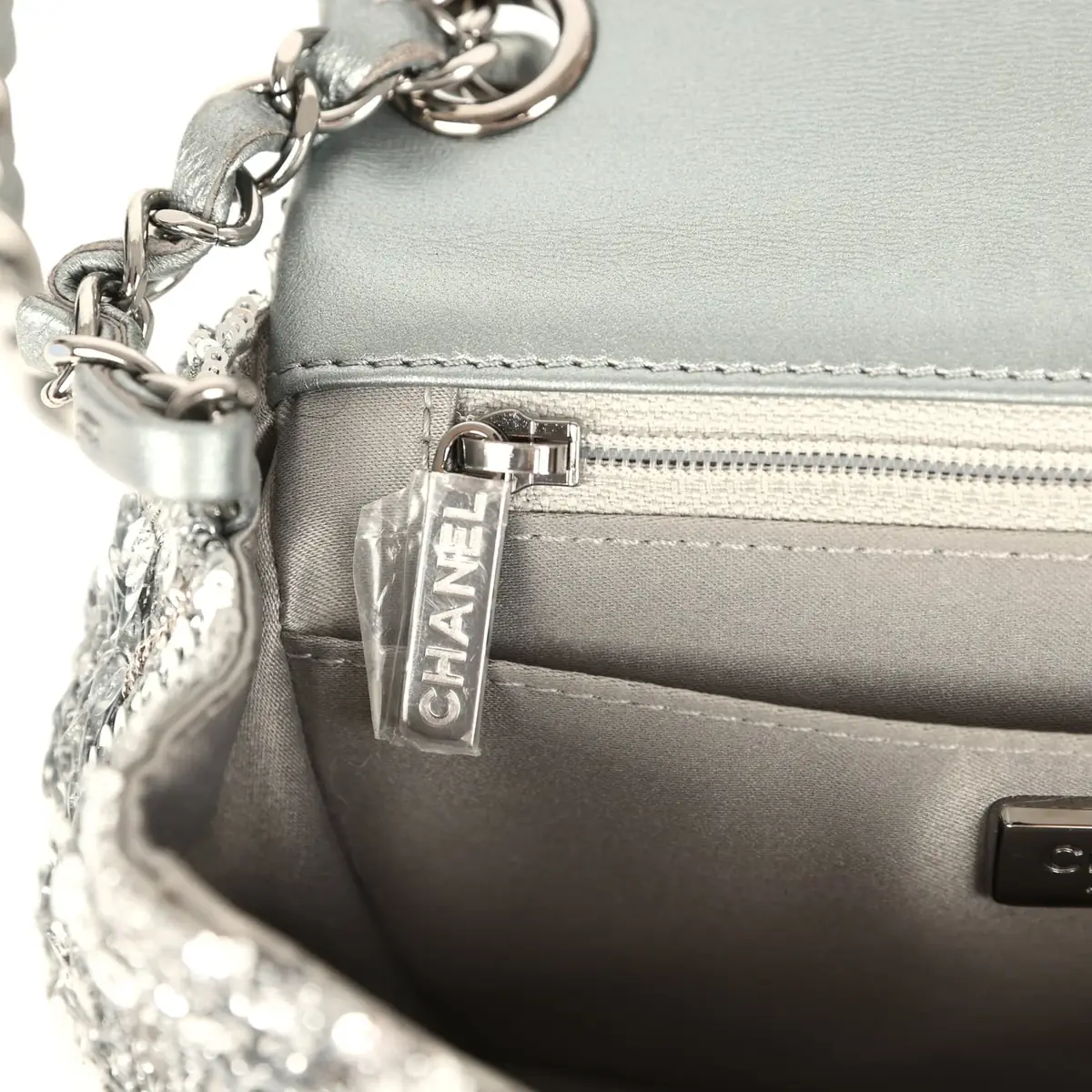 Chanel Pre-owned Chanel Mini Classic Square Flap Bag Metallic Silver Sequins Ruthenium Hardware | Thumbnail 10 Chanel Pre-owned Chanel Mini Classic Square Flap Bag Metallic Silver Sequins Ruthenium Hardware | Thumbnail 10