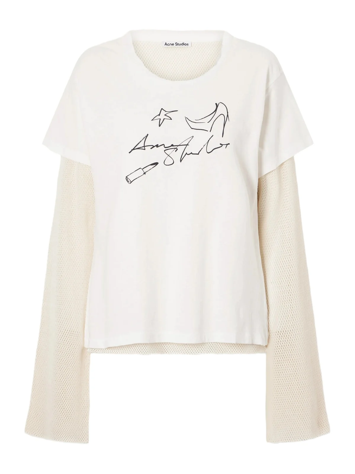 Acne Studios Evina Layered Logo-printed Mesh-trimmed Cotton And Hemp-blend T-shirt - Neutrals