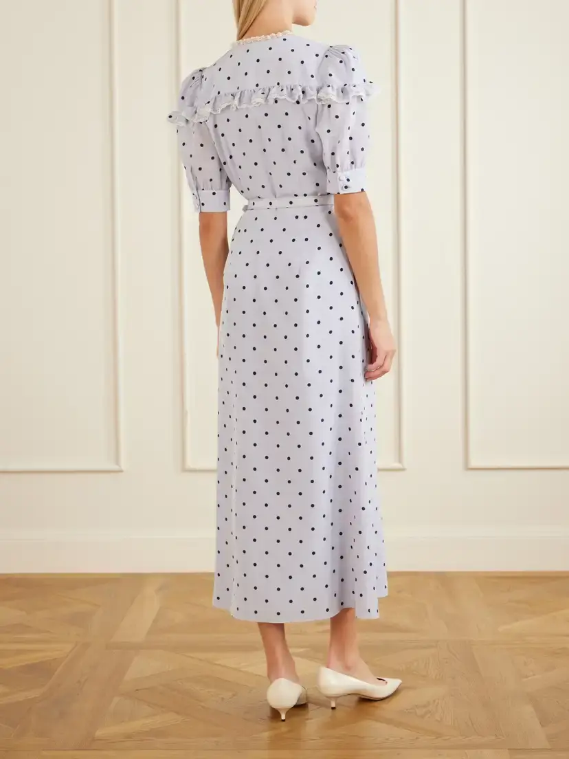 Alessandra Rich Belted Polka-dot Lace-trimmed Silk Midi Dress | Thumbnail 3 Alessandra Rich Belted Polka-dot Lace-trimmed Silk Midi Dress | Thumbnail 3