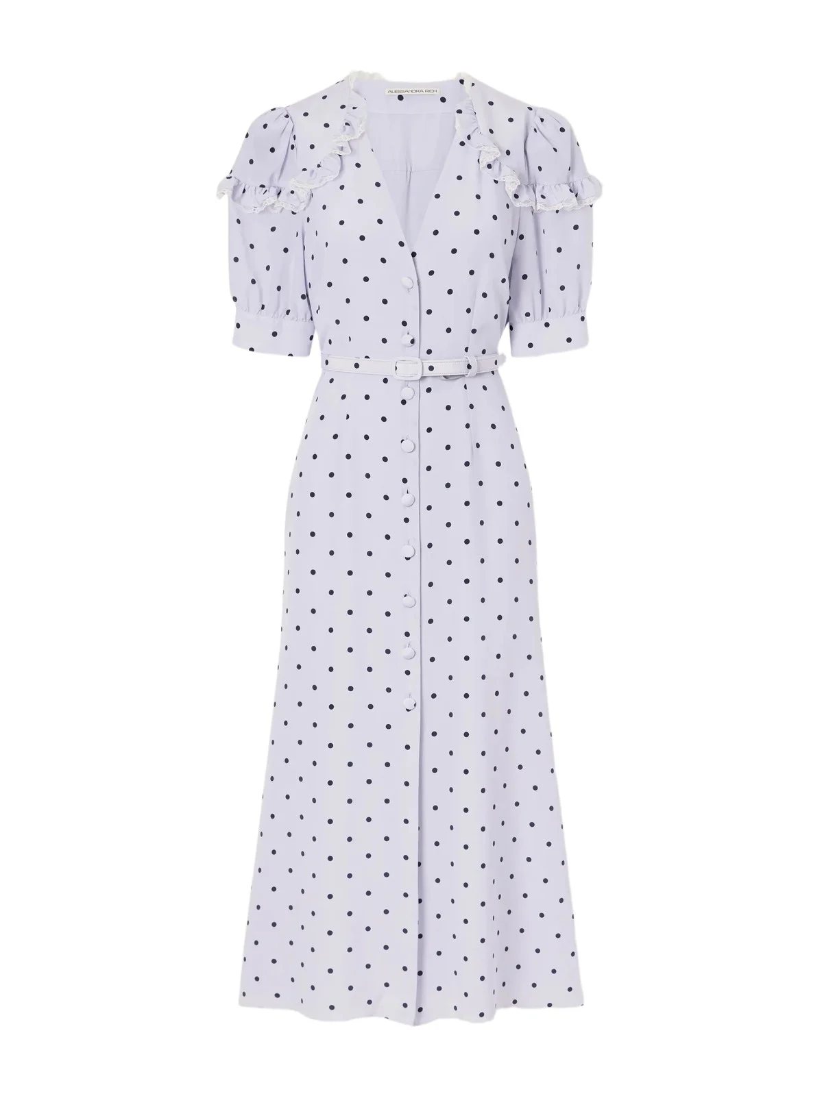 Alessandra Rich Belted Polka-dot Lace-trimmed Silk Midi Dress