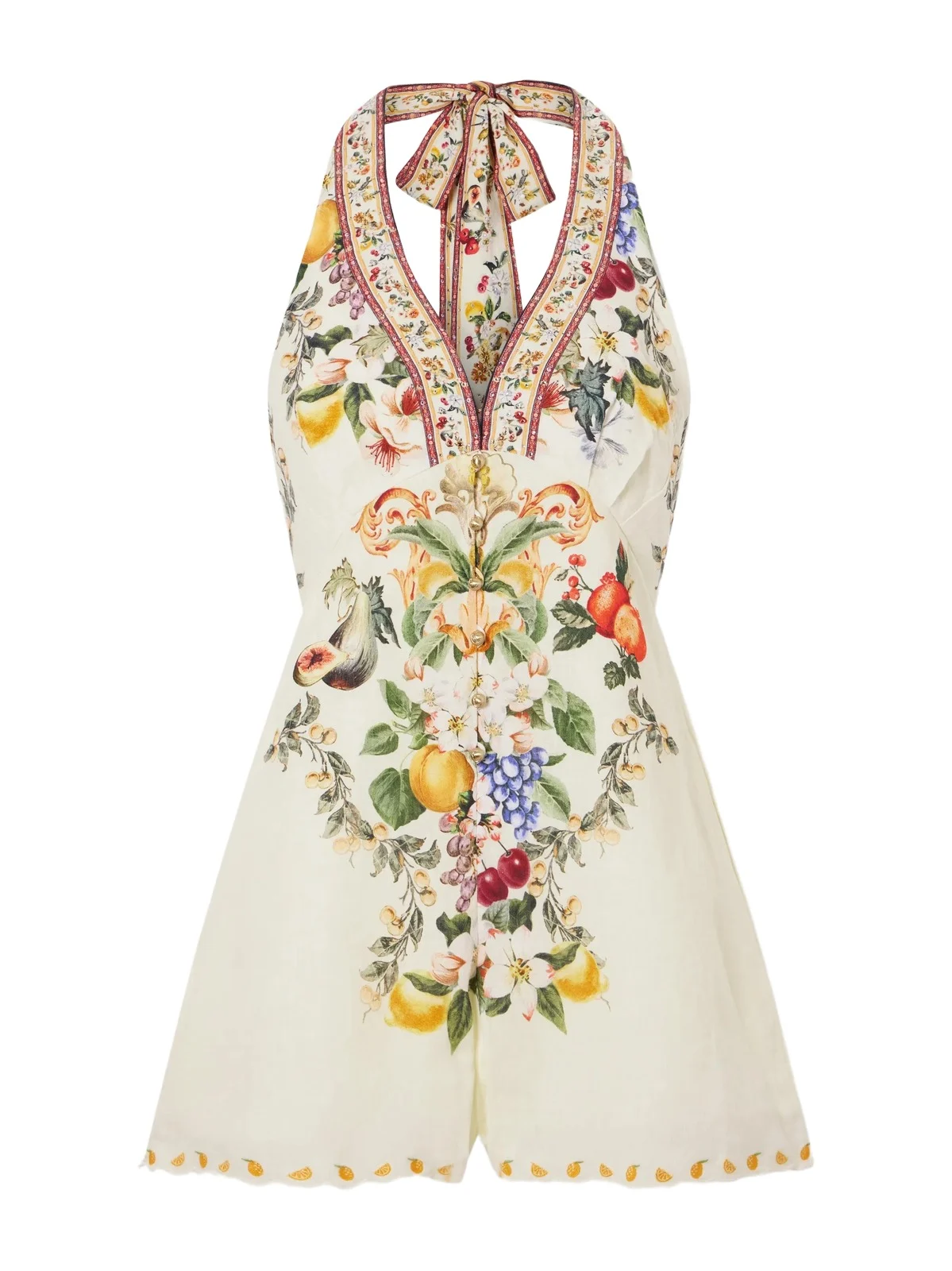 Embellished Floral-print Linen Playsuit