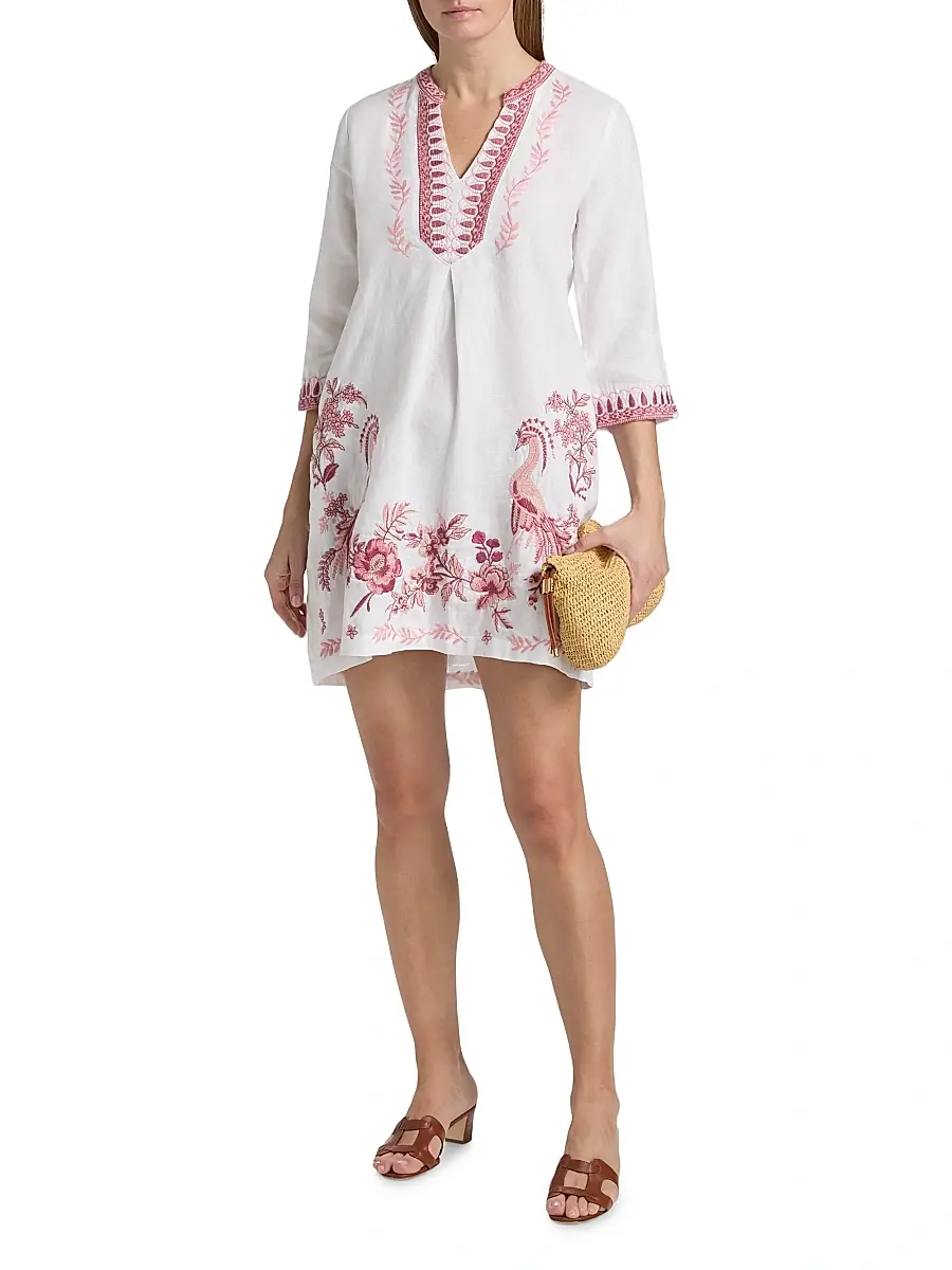Johnny Was Women's Linen Embroidered V-Neck Minidress | Thumbnail 2 Johnny Was Women's Linen Embroidered V-Neck Minidress | Thumbnail 2