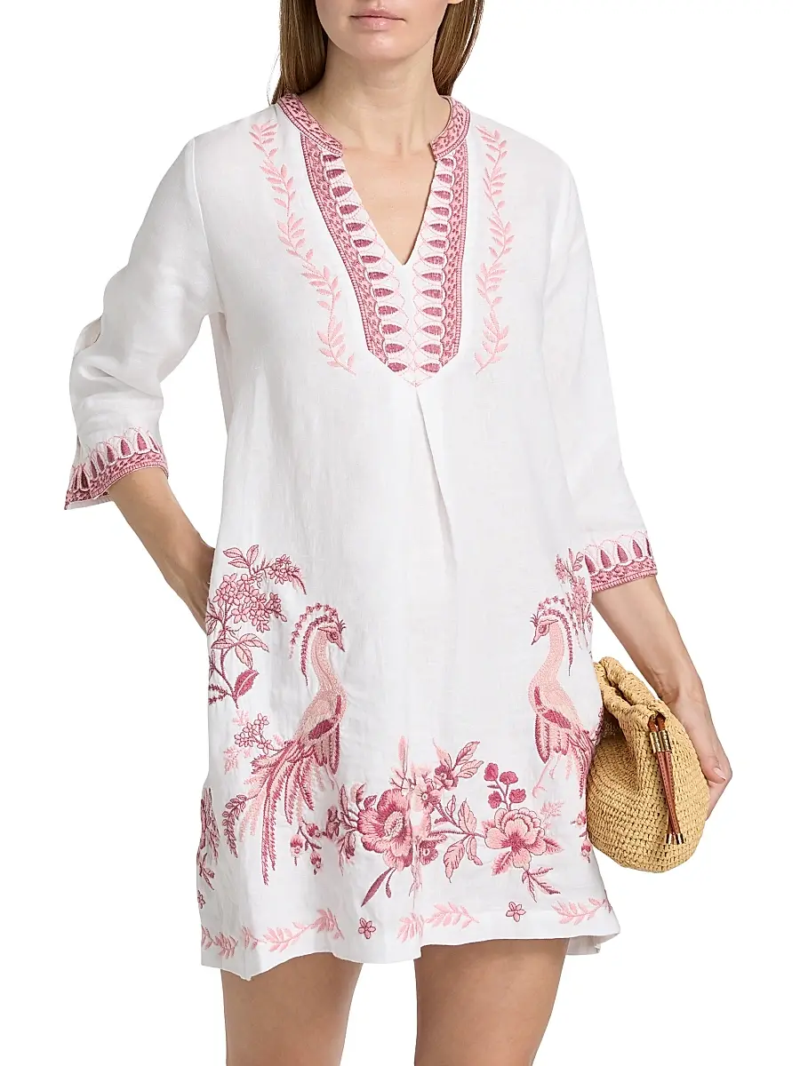 Johnny Was Women's Linen Embroidered V-Neck Minidress | Thumbnail 3 Johnny Was Women's Linen Embroidered V-Neck Minidress | Thumbnail 3