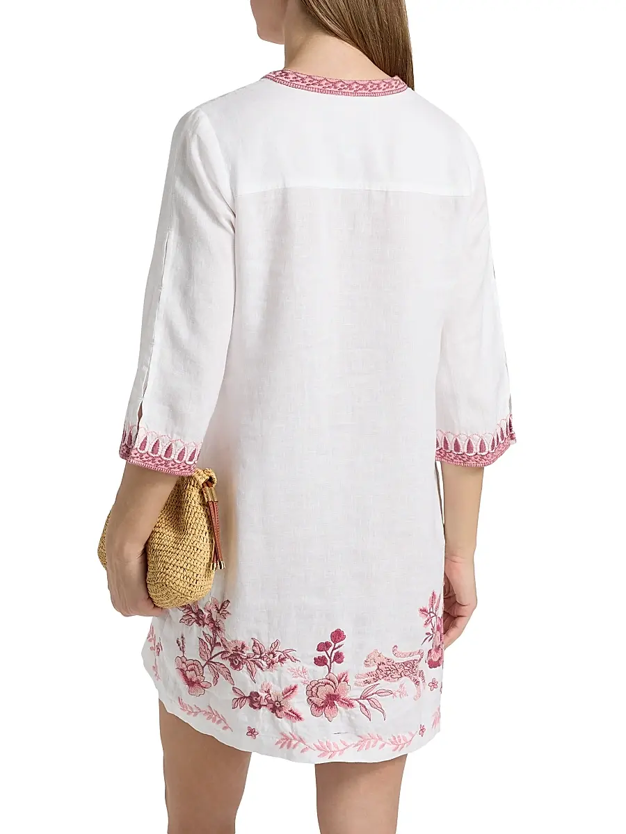 Johnny Was Women's Linen Embroidered V-Neck Minidress | Thumbnail 5 Johnny Was Women's Linen Embroidered V-Neck Minidress | Thumbnail 5