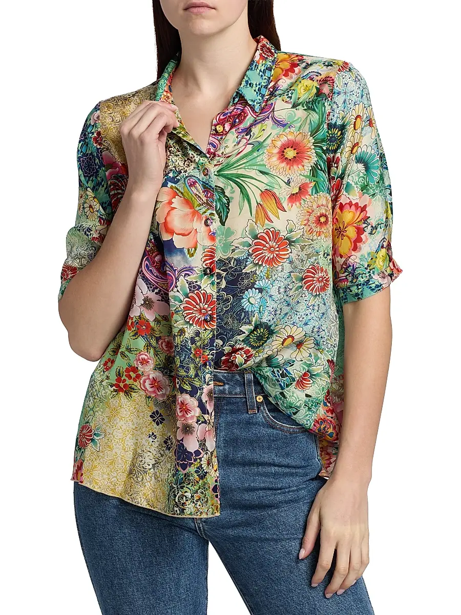 Johnny Was Women's Filaree Silk Button-Front Blouse | Thumbnail 3
