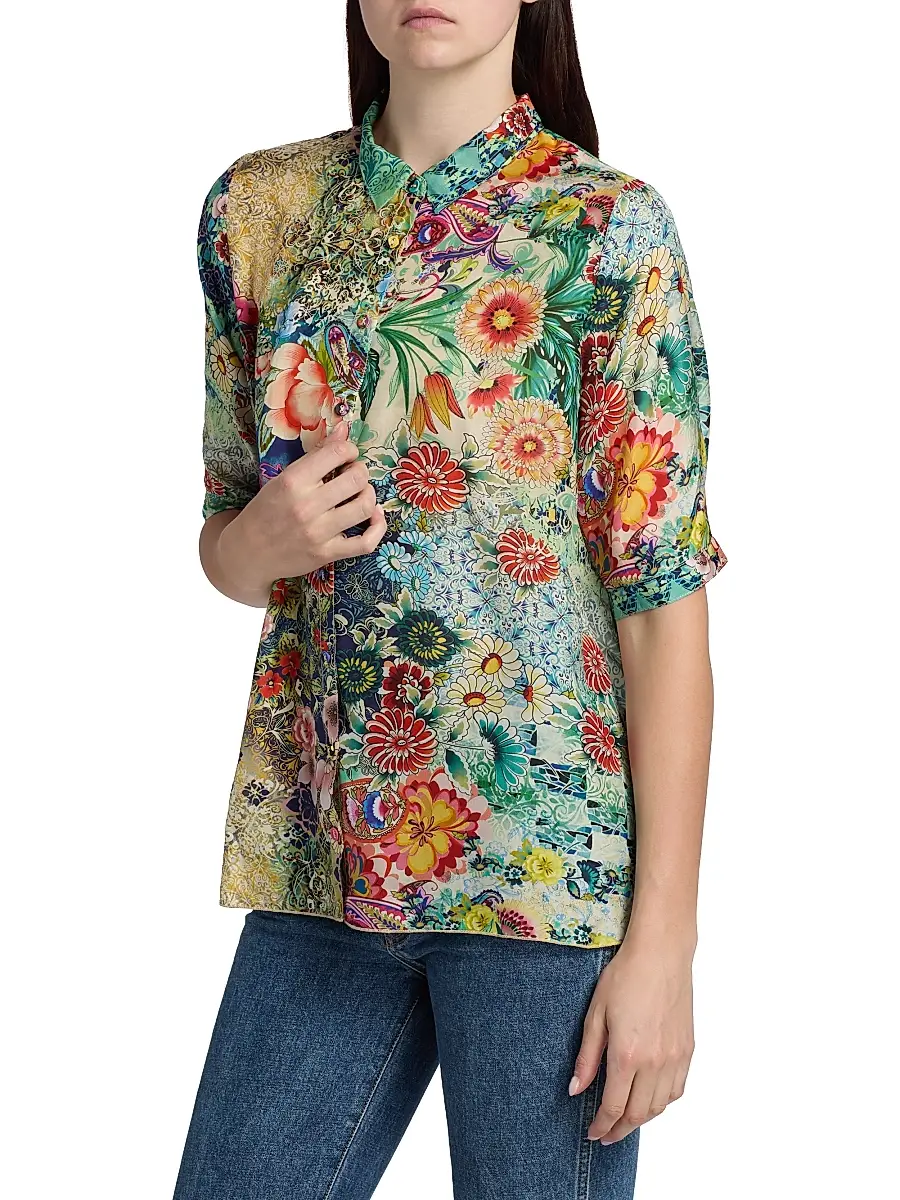 Johnny Was Women's Filaree Silk Button-Front Blouse | Thumbnail 4