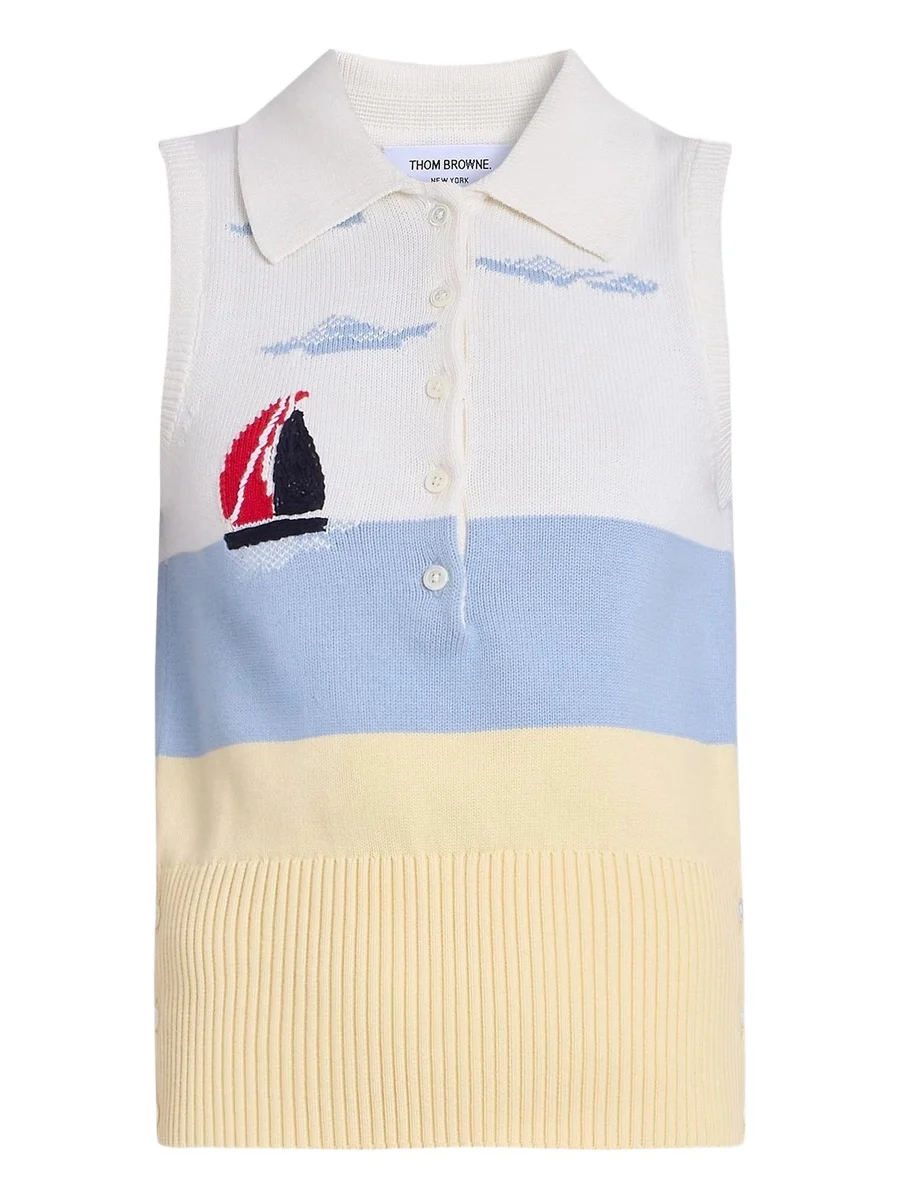 Women's Embroidered Nantucket Intarsia Sleeveless Polo Sweater Women's Embroidered Nantucket Intarsia Sleeveless Polo Sweater