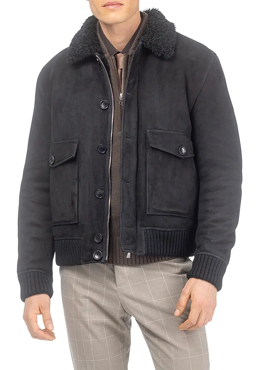 Gorski Men's Suede Shearling Lamb Bomber Jacket | Thumbnail 3 Gorski Men's Suede Shearling Lamb Bomber Jacket | Thumbnail 3