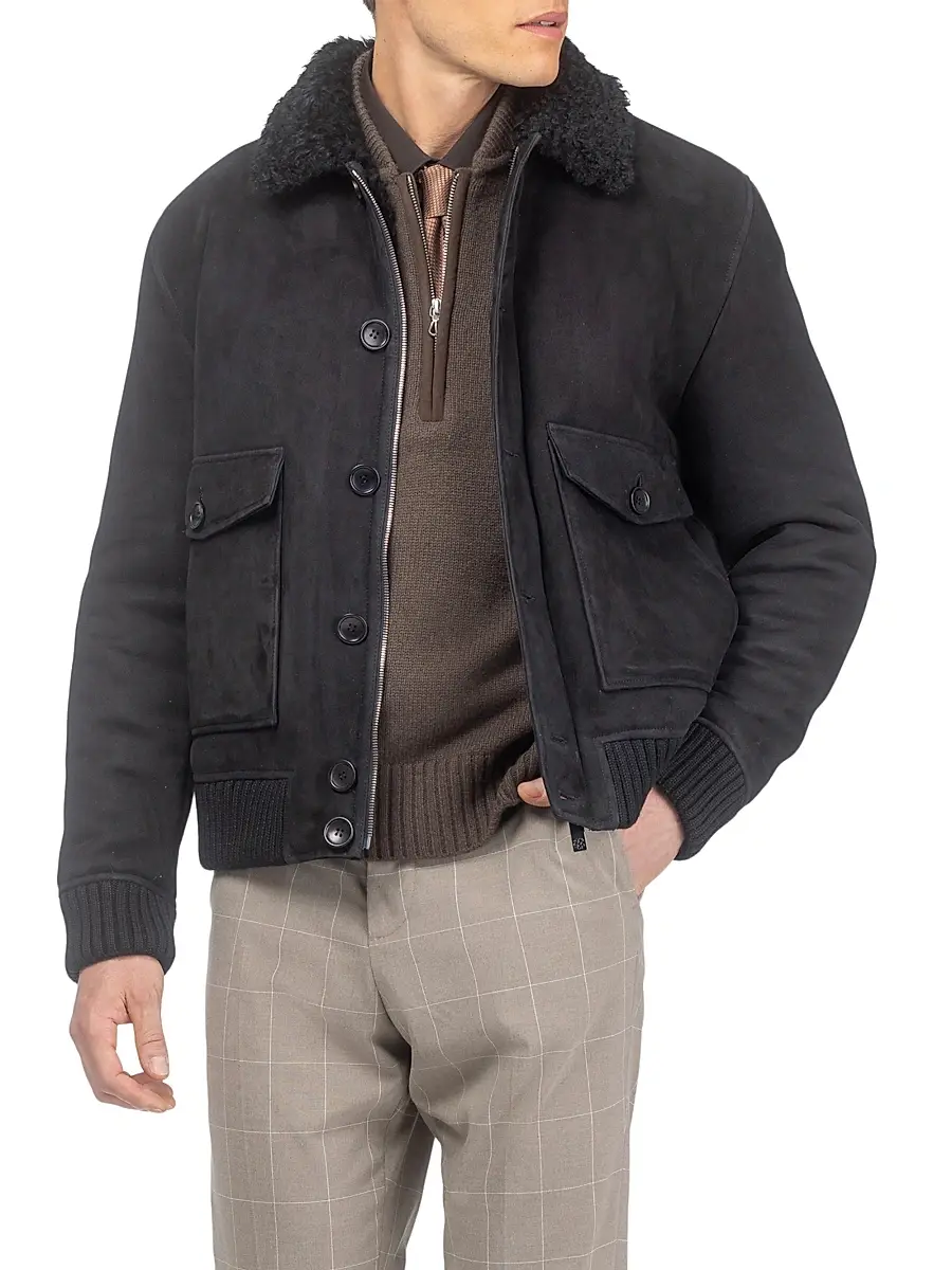 Gorski Men's Suede Shearling Lamb Bomber Jacket | Thumbnail 4 Gorski Men's Suede Shearling Lamb Bomber Jacket | Thumbnail 4