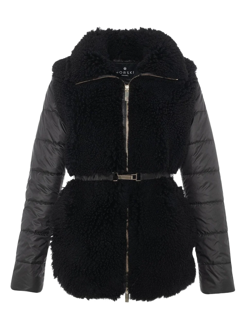 Gorski Women's Curly Shearling Lamb Jacket with Quilted Sleeves and Back, Belt - Black