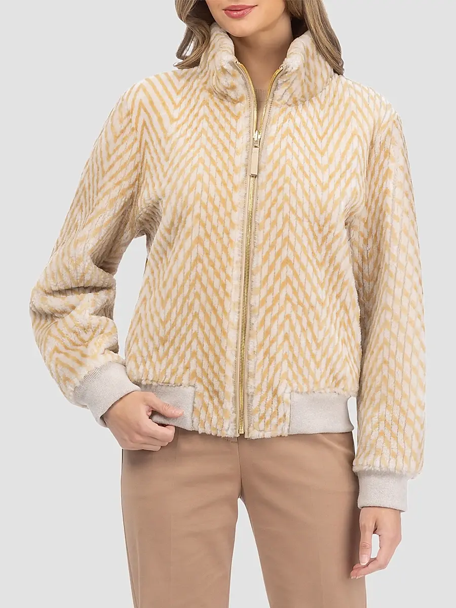 Gorski Women's Reversible Chevron Printed Grooved Shearling Lamb Bomber Coat | Thumbnail 3