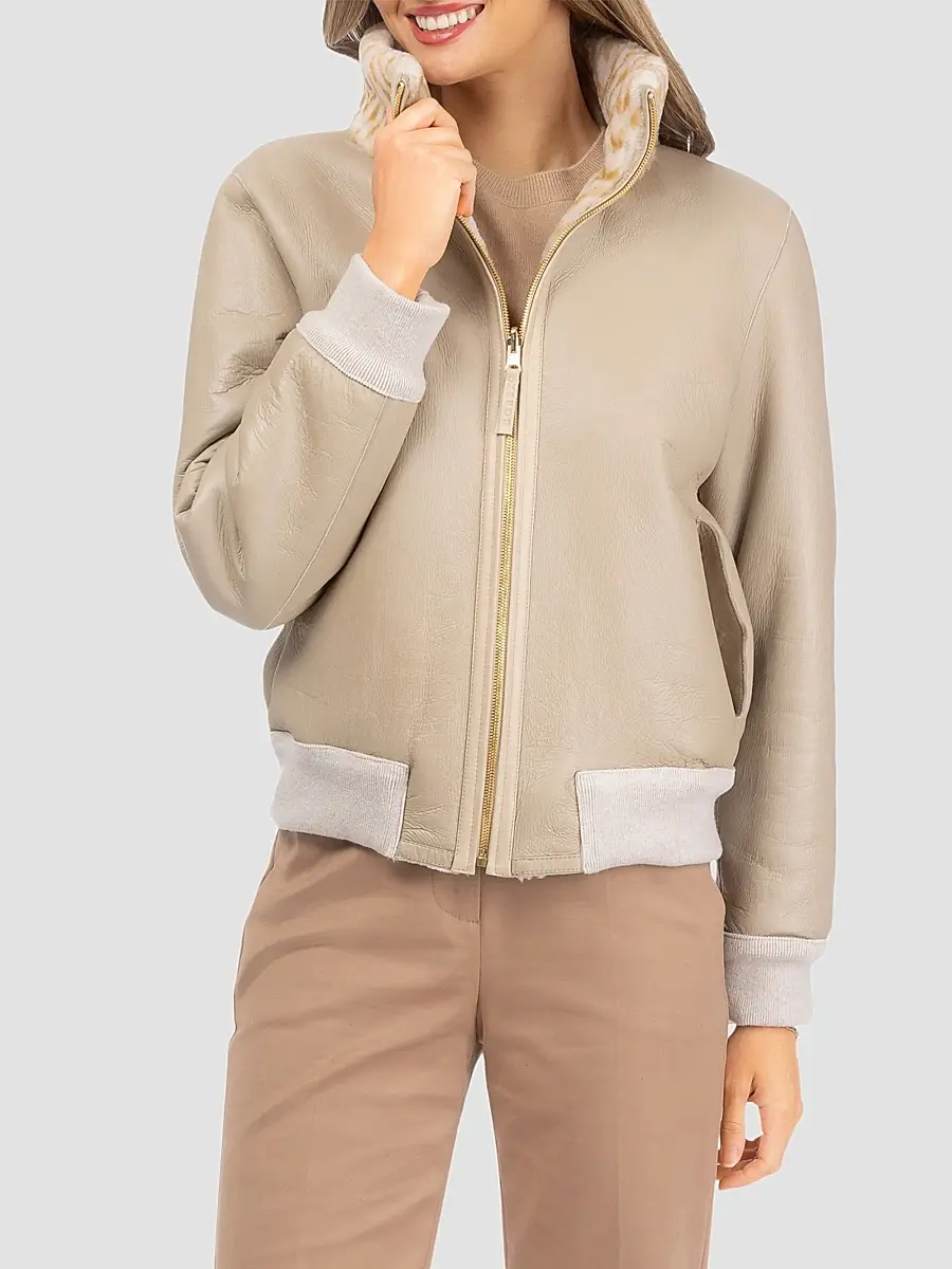 Gorski Women's Reversible Chevron Printed Grooved Shearling Lamb Bomber Coat | Thumbnail 6