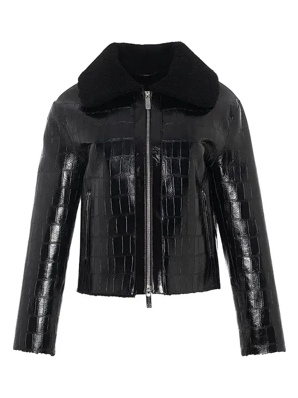 Women's Shearling Lamb Croco Embossed Zip Jacket Women's Shearling Lamb Croco Embossed Zip Jacket