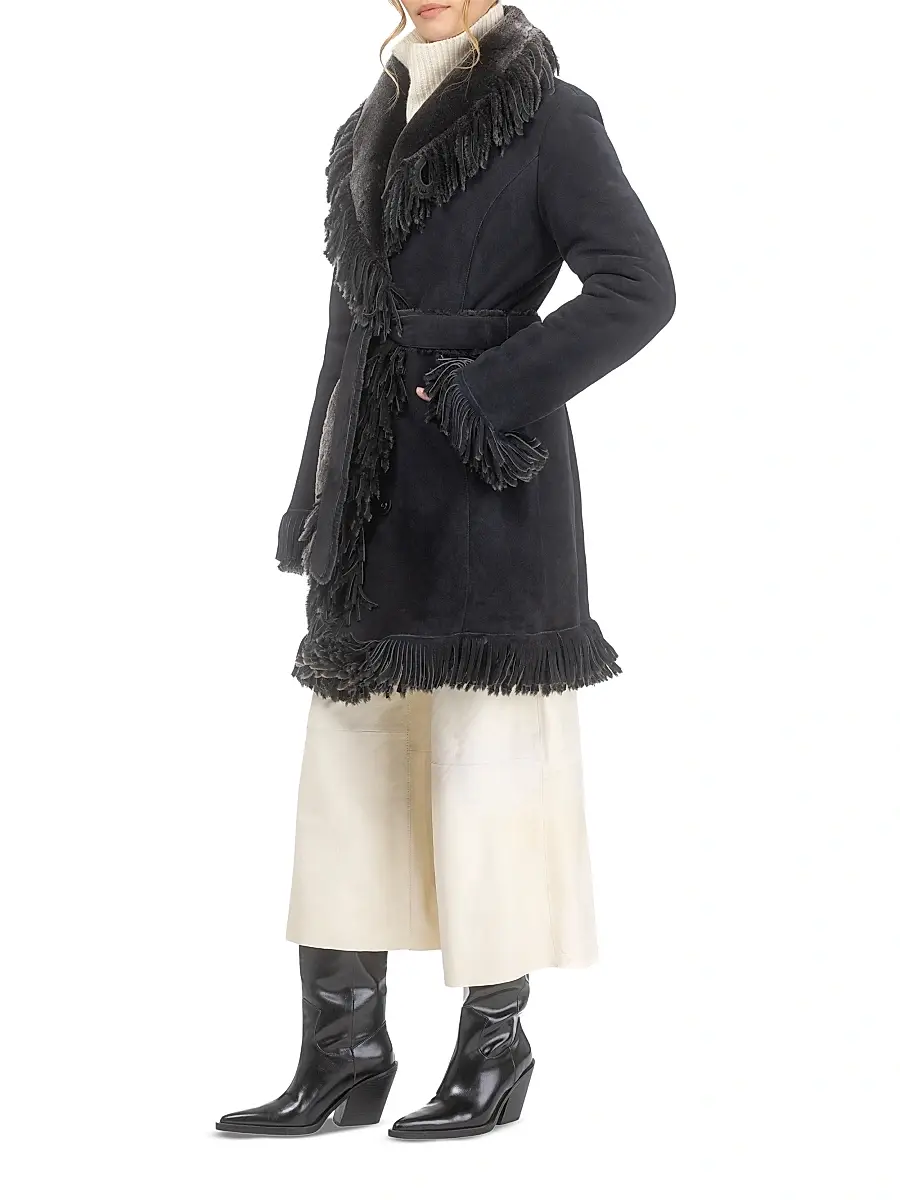 Gorski Women's Merino Shearling Lamb Stroller with Fringes - Black Brisa | Thumbnail 2