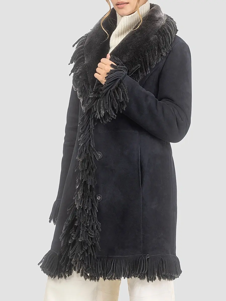 Gorski Women's Merino Shearling Lamb Stroller with Fringes - Black Brisa | Thumbnail 4