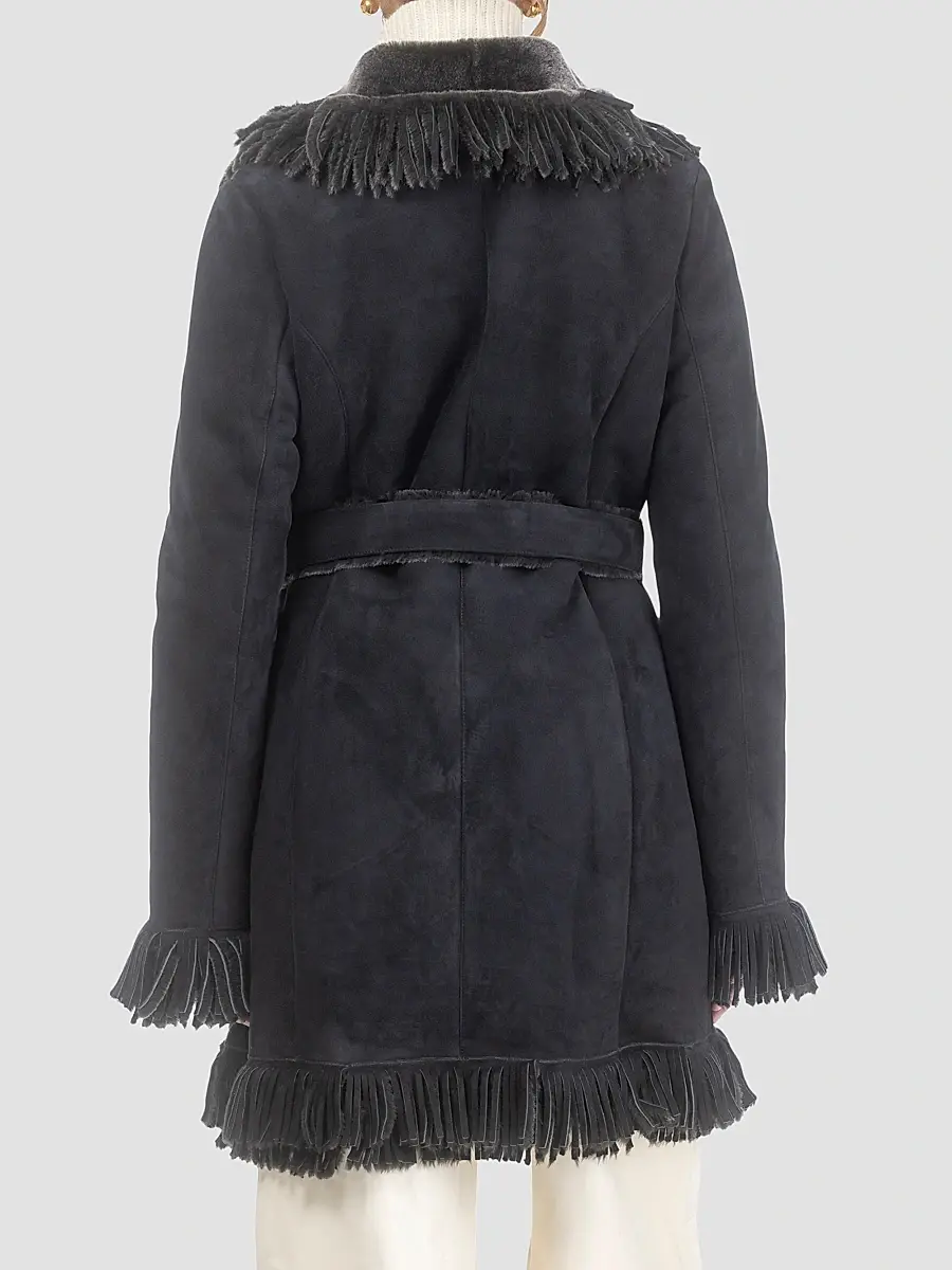 Gorski Women's Merino Shearling Lamb Stroller with Fringes - Black Brisa | Thumbnail 5